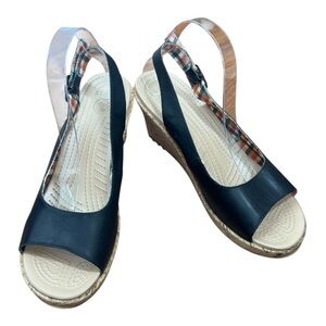 Crocs A-Leigh Sz 11 Leather & Cork Slingback Wedge Sandals Black